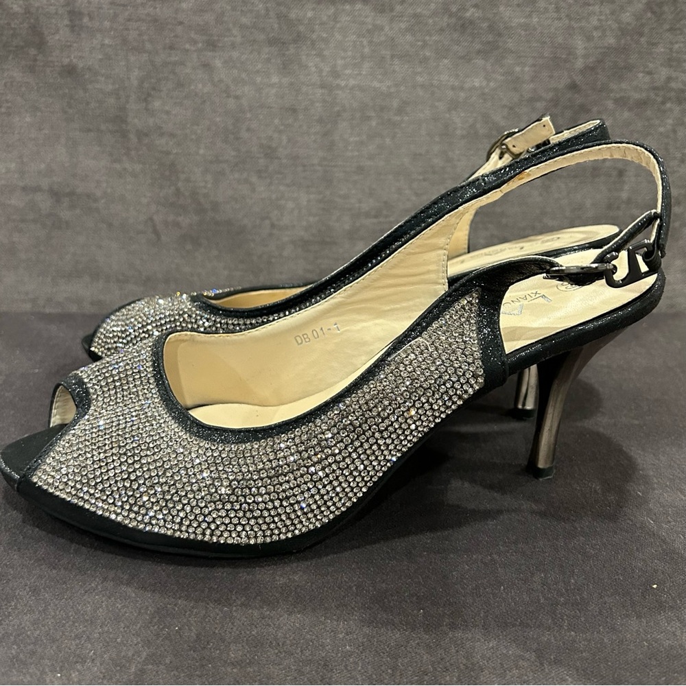 La La Peep Toe Slingback Heels with Cyrstals